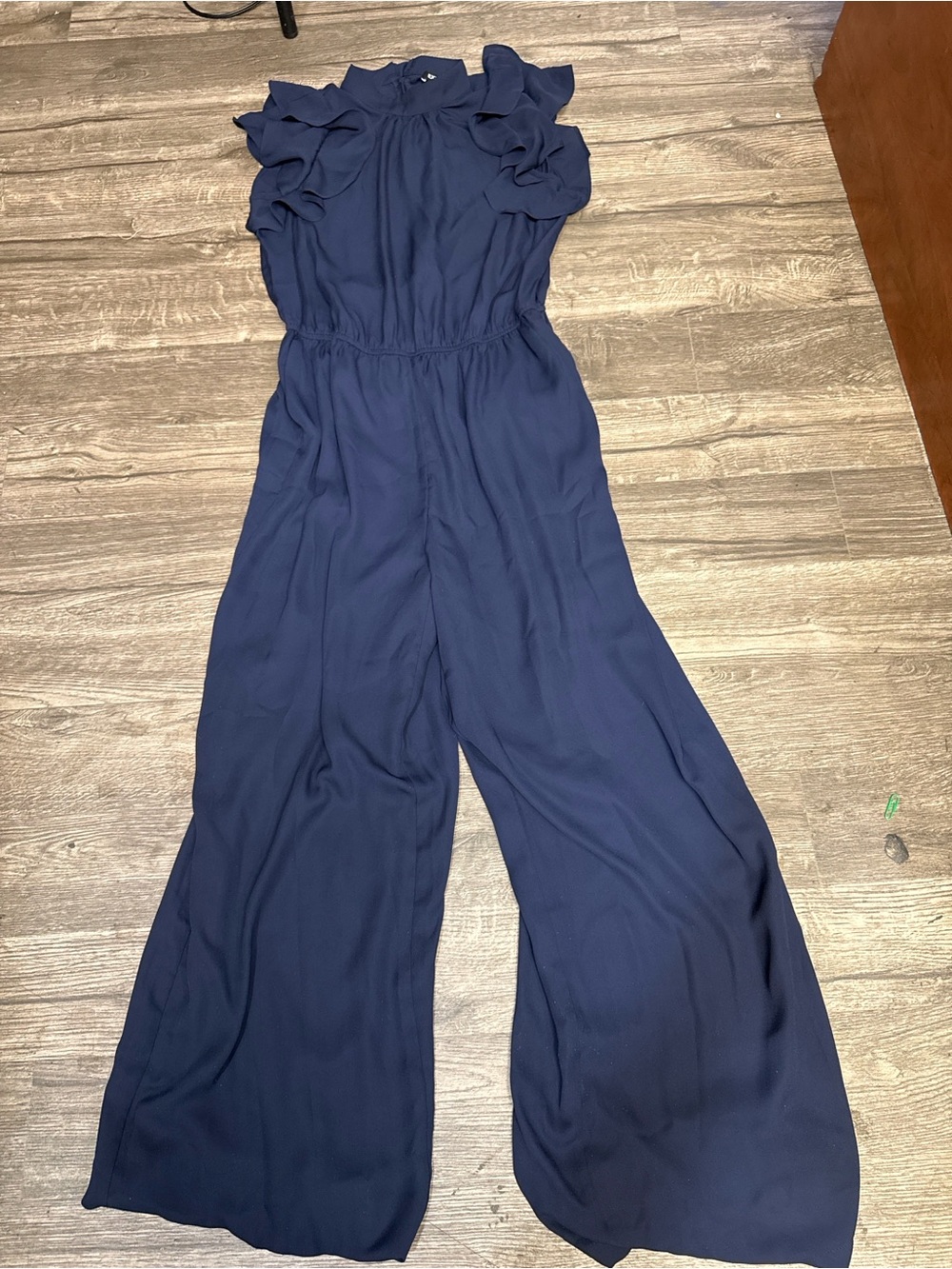 Express Navy Ruffle-Sleeve High-Neck Wide-Leg Jumpsuit - Picture 2 of 7